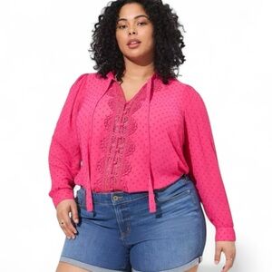 Torrid Chiffon Clip Dot Ruffle Neck Tie Front Blouse